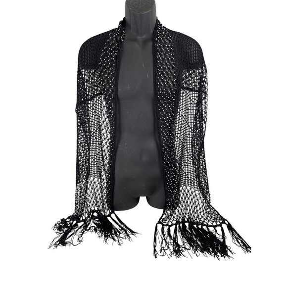 unmarked Accessories - Black Mesh Shawl With Rhinestone Embellishments & Fringe Trim